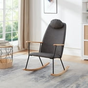 Adjustable Headrest Rocking Chair with Pillow, Technical Leather Upholstered Glider Recliner, Ergonomic High Back Support for Nursery, Bedroom, Living Room, Dark Grey